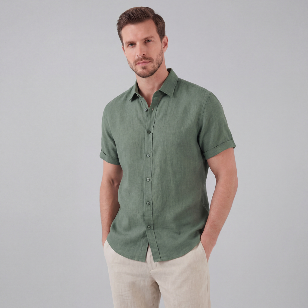 Men's Linen Short Sleeve Shirt - Lightweight Casual Button Down
