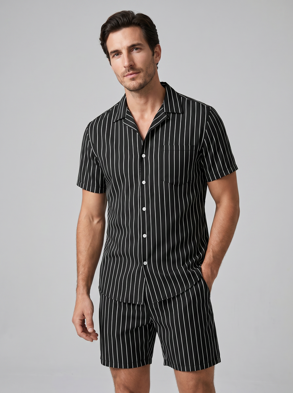 Men's Pinstripe Short Sleeve Co-Ord Set - 2-Piece Summer