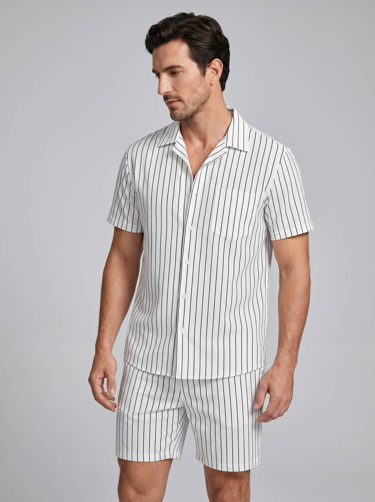 Men's Pinstripe Short Sleeve Co-Ord Set - 2-Piece Summer