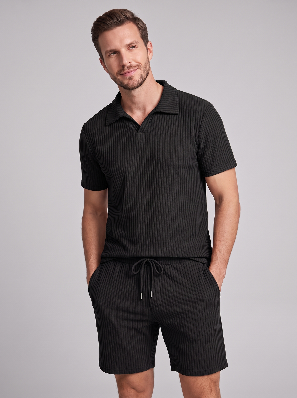 Men's Ribbed Knit Polo Set - 2-Piece Casual Co-Ord Outfit
