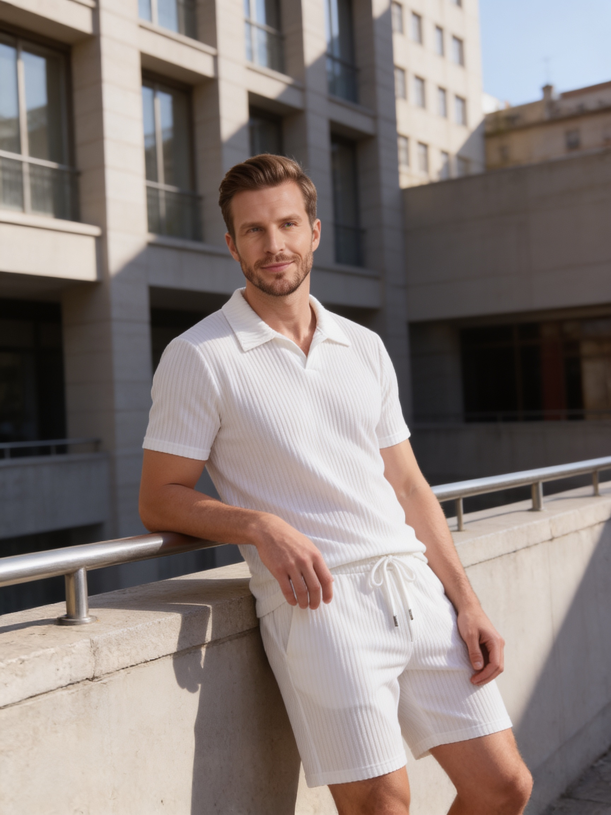 Men's Ribbed Knit Polo Set - 2-Piece Casual Co-Ord Outfit