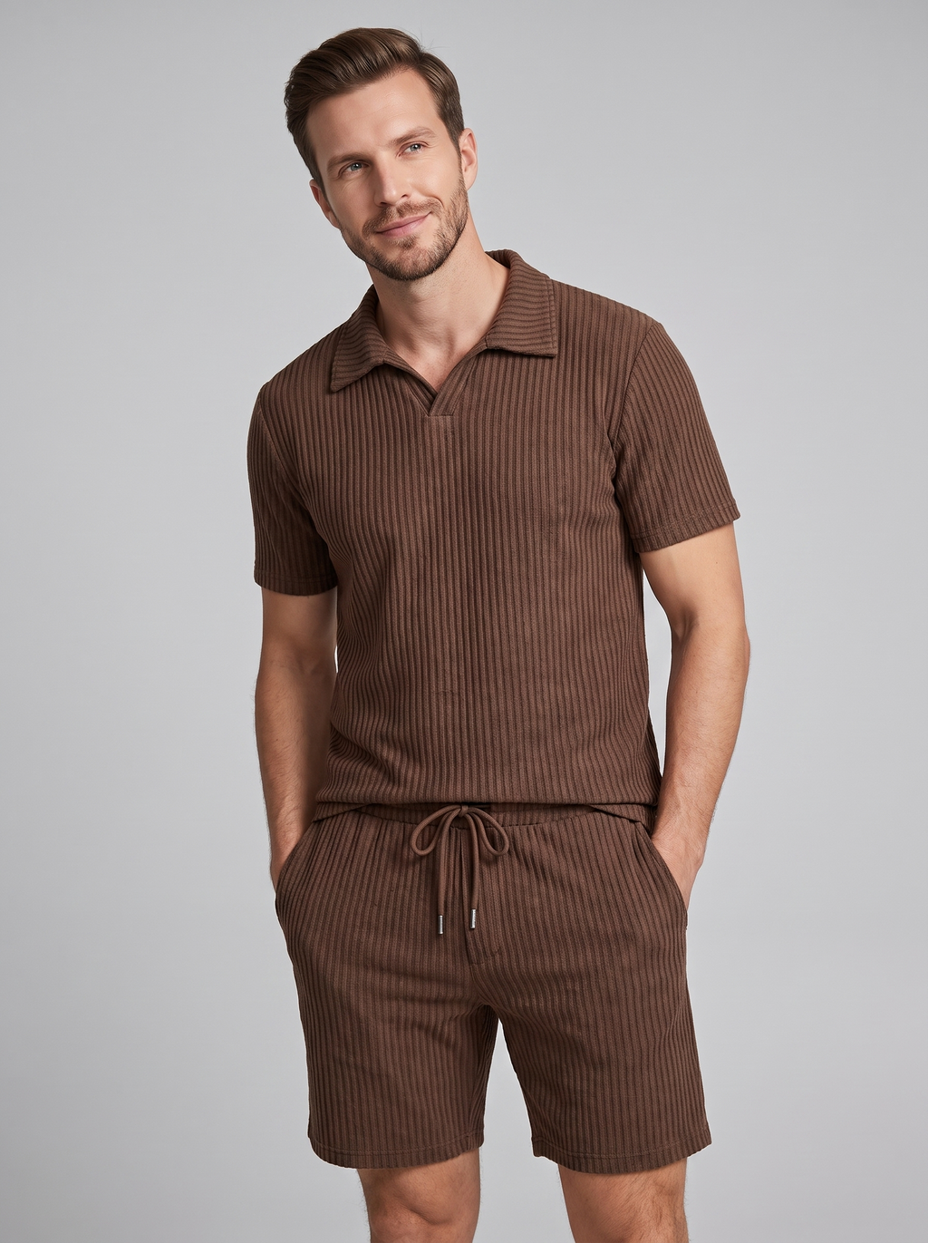 Men's Ribbed Knit Polo Set - 2-Piece Casual Co-Ord Outfit
