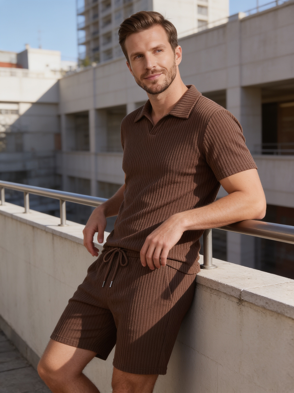 Men's Ribbed Knit Polo Set - 2-Piece Casual Co-Ord Outfit