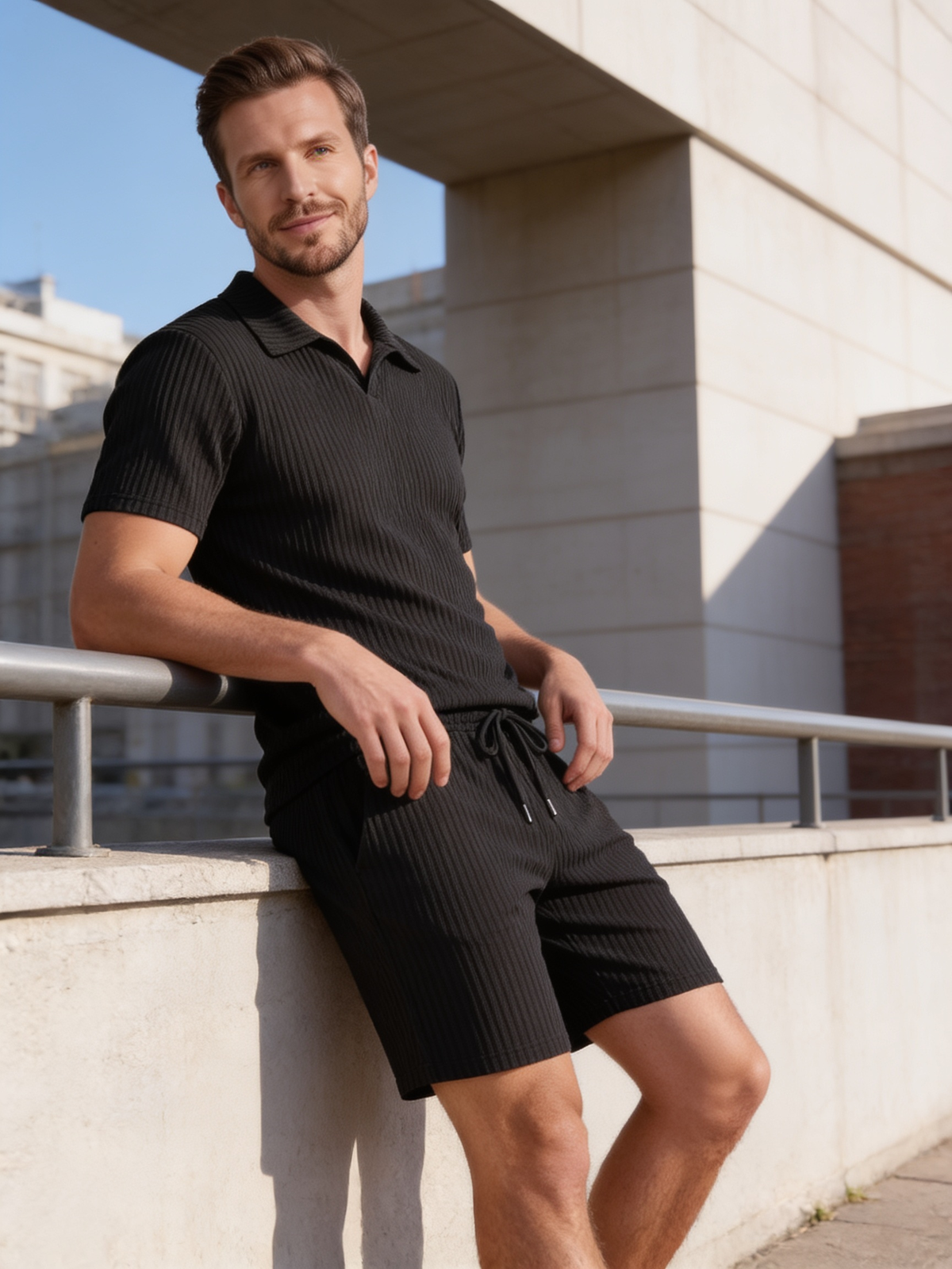 Men's Ribbed Knit Polo Set - 2-Piece Casual Co-Ord Outfit