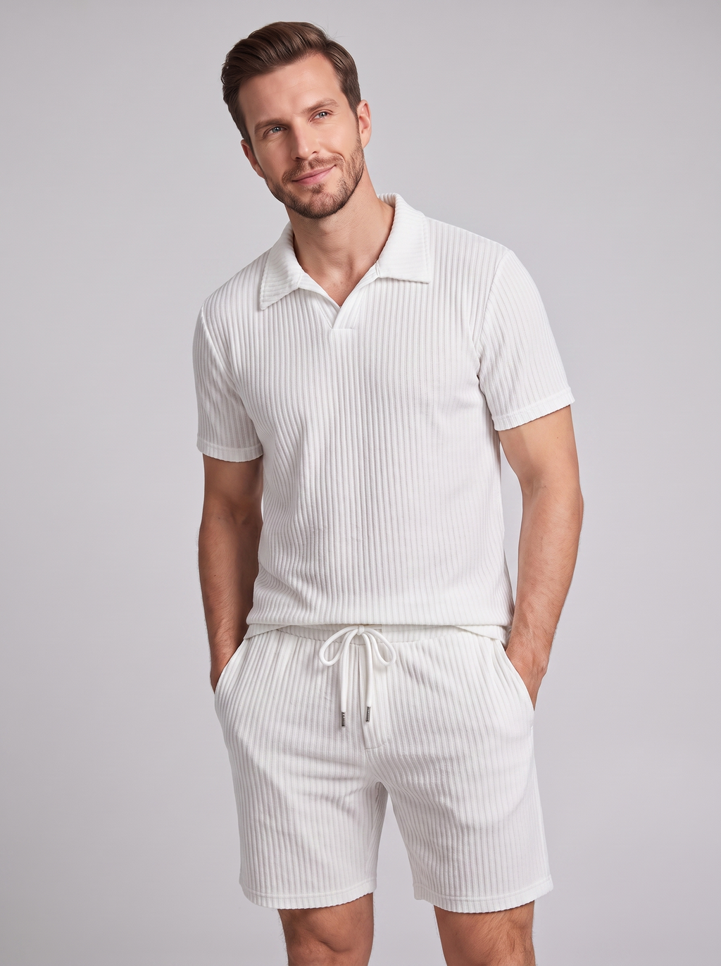 Men's Ribbed Knit Polo Set - 2-Piece Casual Co-Ord Outfit