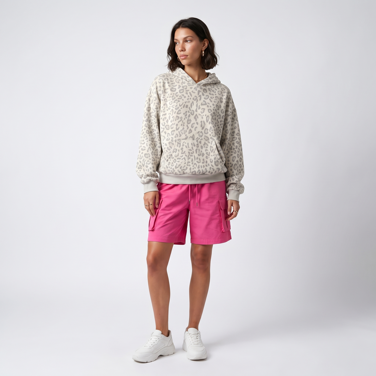 Women's Grey Leopard Print Oversized Hoodie – Drawstring Top