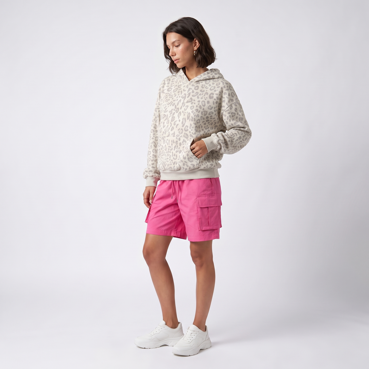 Women's Grey Leopard Print Oversized Hoodie – Drawstring Top