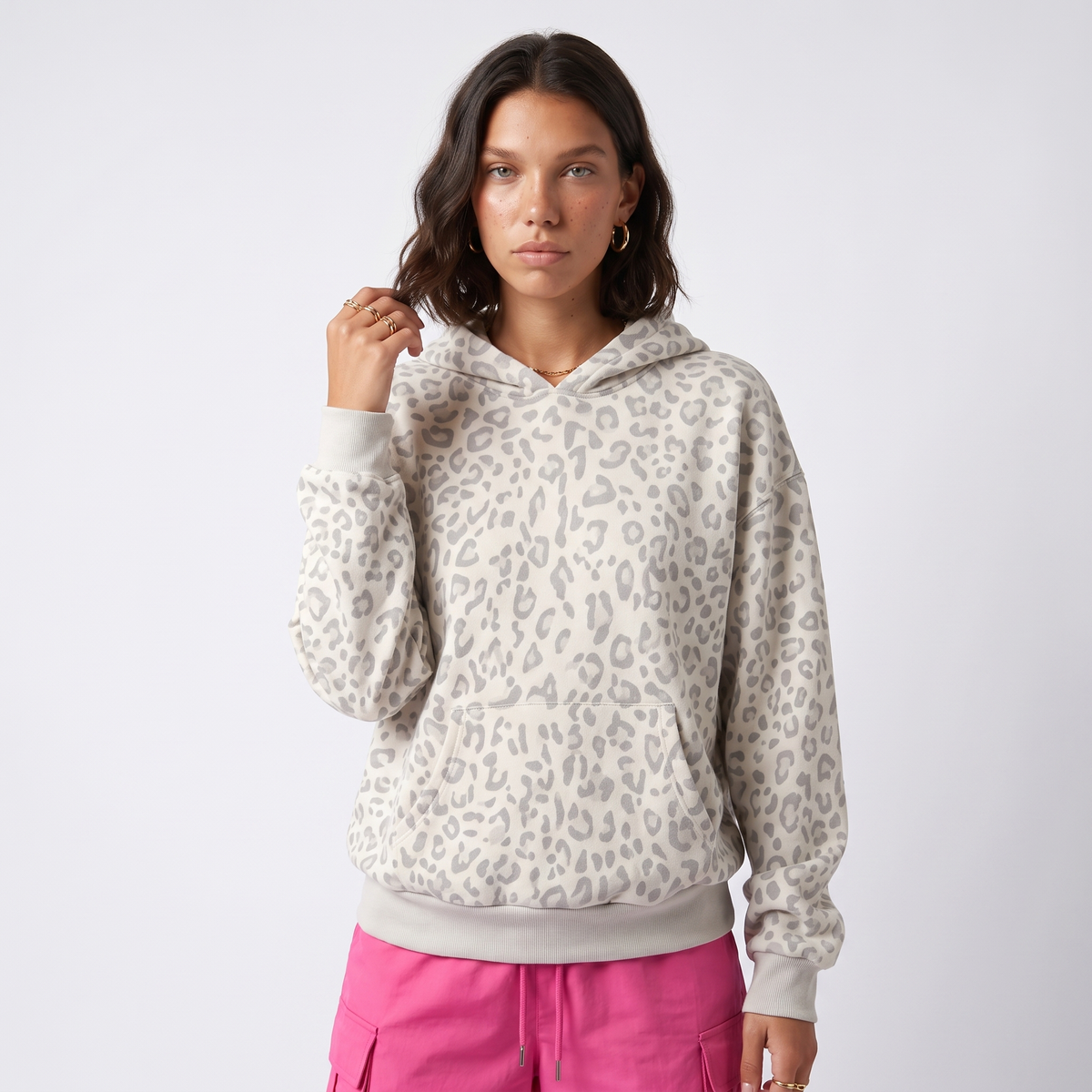 Women's Grey Leopard Print Oversized Hoodie – Drawstring Top