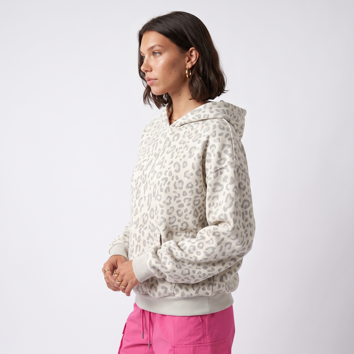 Women's Grey Leopard Print Oversized Hoodie – Drawstring Top