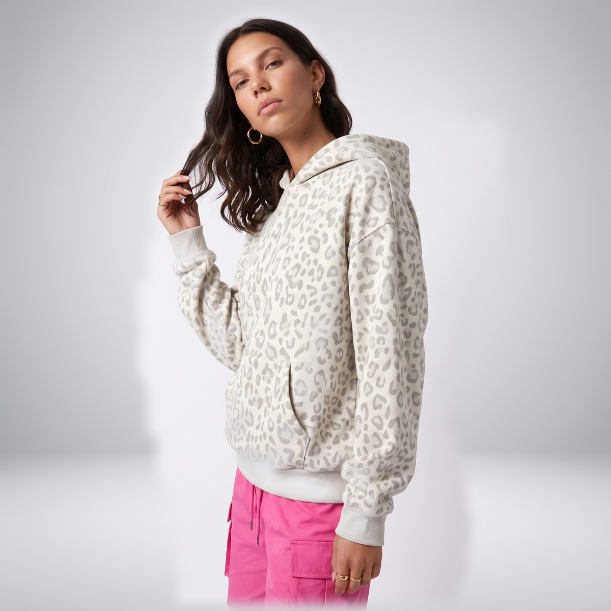 Women's Grey Leopard Print Oversized Hoodie – Drawstring Top