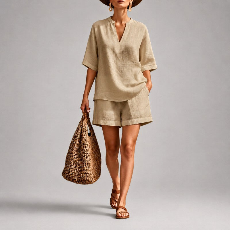 Women's Linen Matching Set | V-Neck Short Sleeve Outfit