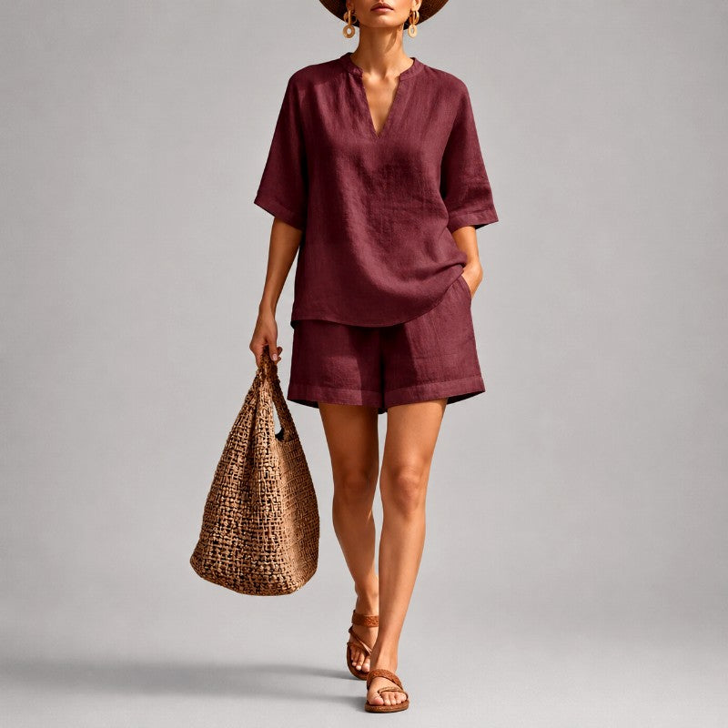 Women's Linen Matching Set | V-Neck Short Sleeve Outfit