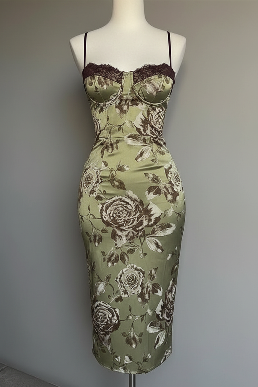 Green Strapless Satin Corset Midi Dress - Wedding Guest - Octavial