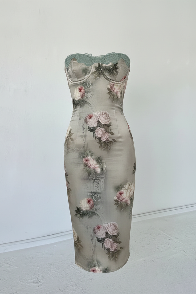 Green Strapless Satin Corset Midi Dress - Wedding Guest - Octavial