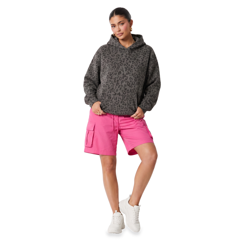 Women's Grey Leopard Print Oversized Hoodie – Drawstring Top