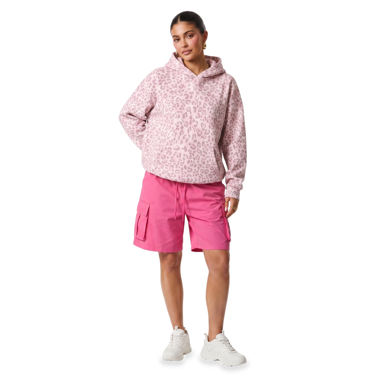 Women's Grey Leopard Print Oversized Hoodie – Drawstring Top