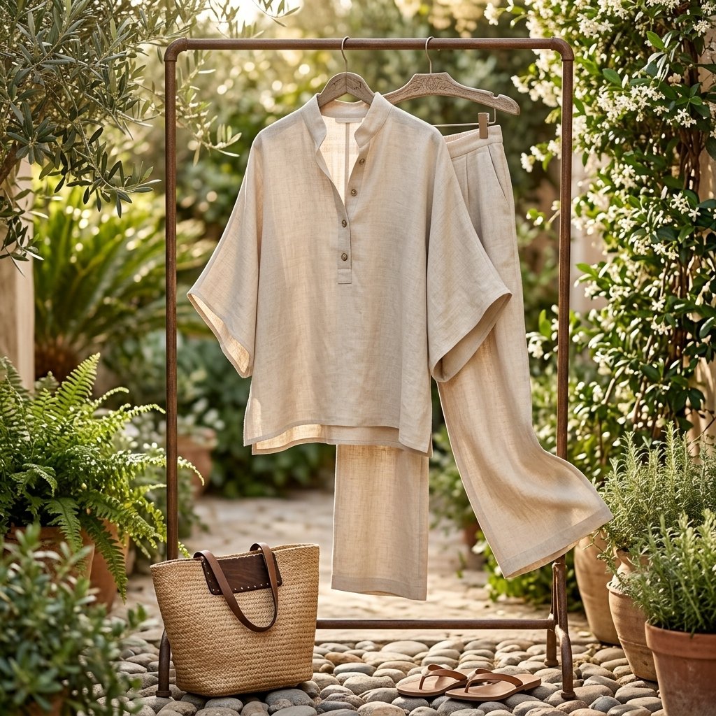 Evelyn | Women's Linen 2-Piece Set with Mandarin Collar and Kimono Sleeve Top & Pants