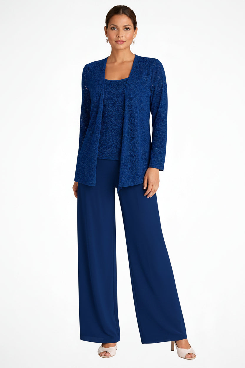 Woman wearing a blue pantsuit on a white background